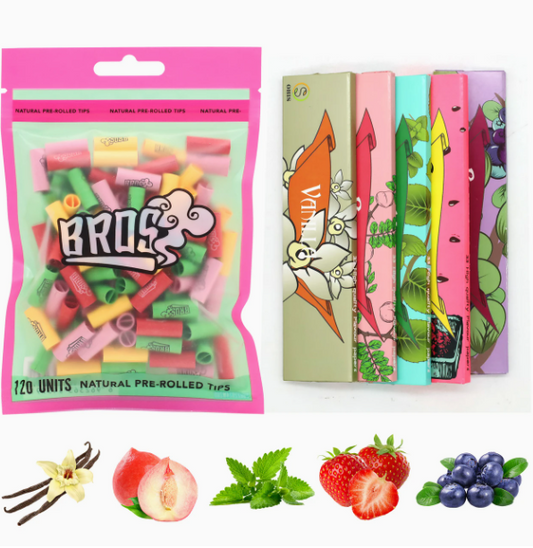 6pcs Set – 120 Filters & 5 Flavored Rolling Papers (110mm) with Patterns